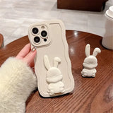 Rabbit Stand Silicone Wave Edge Candy Color Soft Case For iPhone 15 14 13 12 series