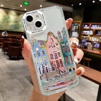 Cartoon Colourful Anime Hand Painted House Scenery Clear Case For iPhone 14 13 12 series