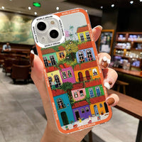 Cartoon Colourful Anime Hand Painted House Scenery Clear Case For iPhone 14 13 12 series