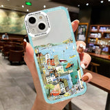 Cartoon Colourful Anime Hand Painted House Scenery Clear Case For iPhone 14 13 12 series