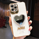 Plating Love Heart Mirror Fur Ball Glitter Case for iPhone 13 12 11 Pro Max