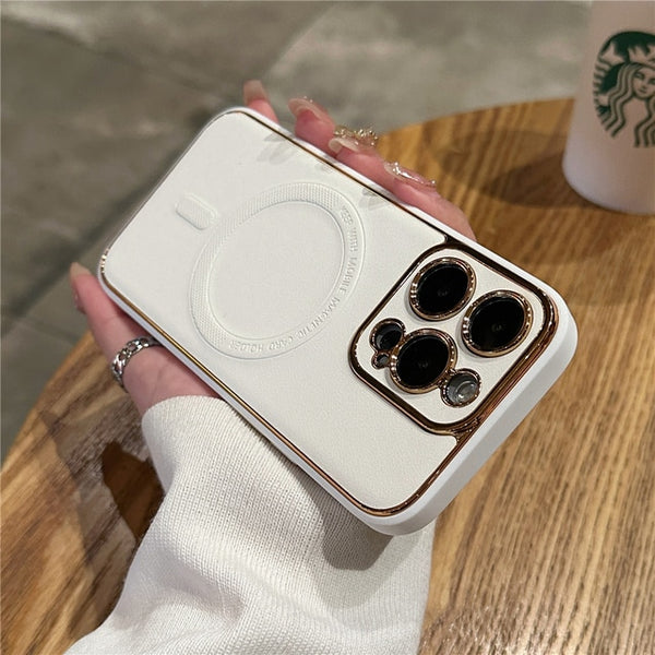 Luxury Plating Leather Magnetic Magsafe Shockproof Silicone Case For iPhone 14 13 12 series