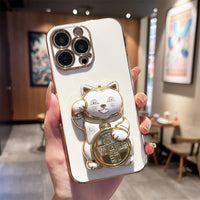 Cute 3D Lucky Cat Folding Bracket Soft Electroplated Case For iPhone 14 13 12 series