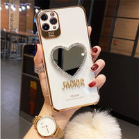 Plating Love Heart Mirror Fur Ball Glitter Case for iPhone 13 12 11 Pro Max