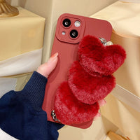 Korea Cute Wine Red Plush Love Heart Bracelet Wrist Chain case for iPhone 13 12 11 Series