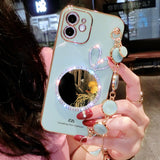 Luxury Plating Diamond Round Mirror Bracelet Case for iPhone 13 12 11 Pro Max