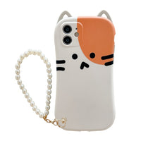 Japan Cartoon 3D Cute Cheese Cat + Pearl Wrist Chain Silicone Case for iphone 12 11 Series